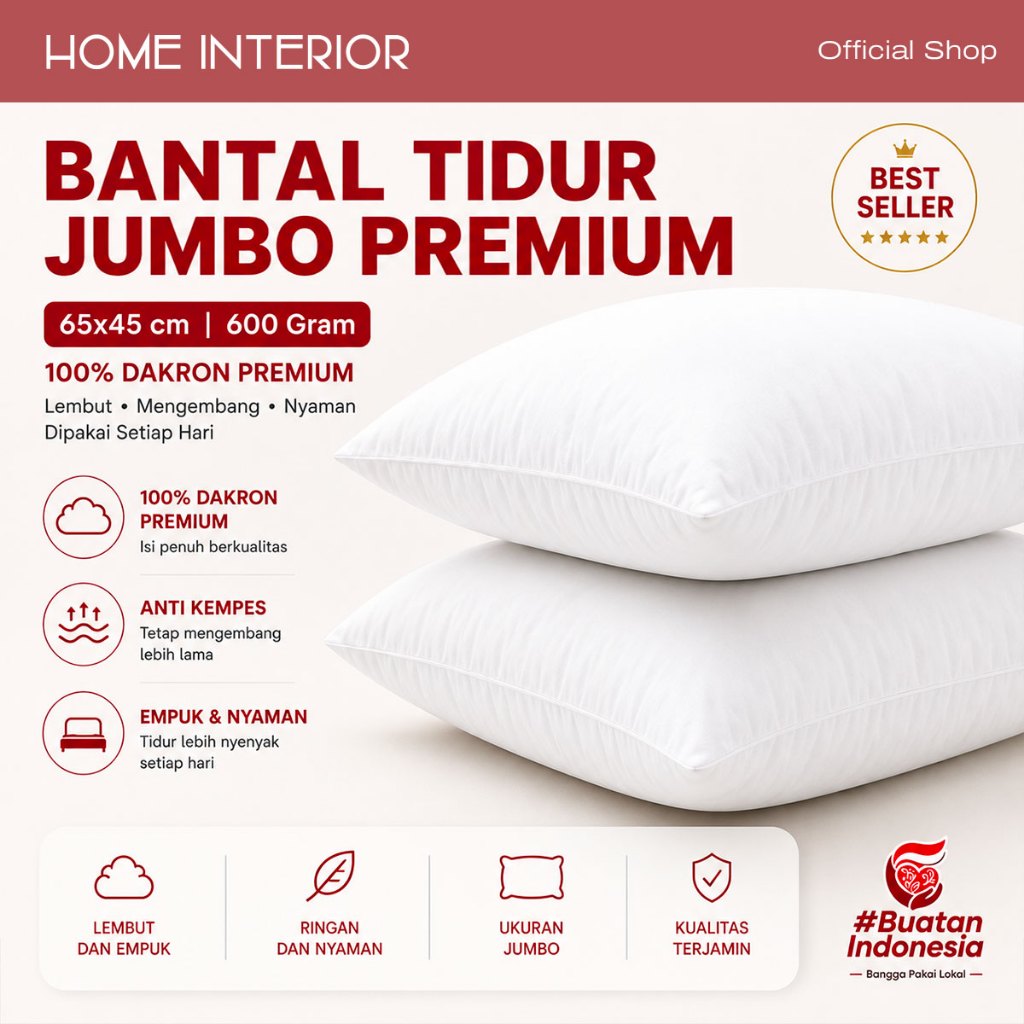 HOMEINTERIOR Bantal Guling Tidur 60 x 40CM Bantal Hotel Premium Isi Dakron Anti Kempes - Gambar 2