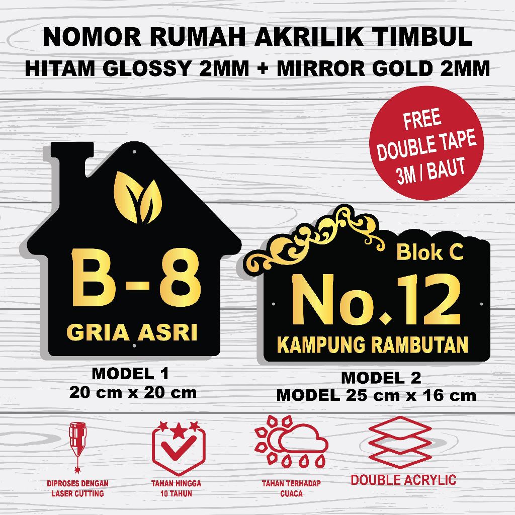 Nomor Rumah Akirlik Timbul Hitam Glossy 2mm Mirror Gold 2mm Model 1 & 2