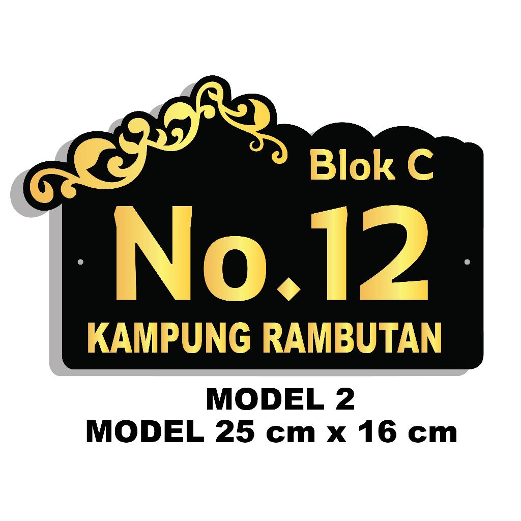 Nomor Rumah Akirlik Timbul Hitam Glossy 2mm Mirror Gold 2mm Model 1 & 2 - Gambar 2