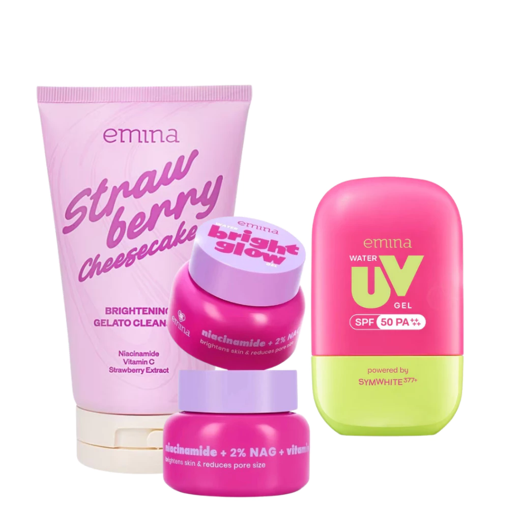 [ PAKET ISI 3 PCS ] EMINA Gelato Cleanser Strawberry + Moist Water Bright Glow + Sunscreen Water Uv Gel 25ML / Distributor Cream Ori - Gambar 4