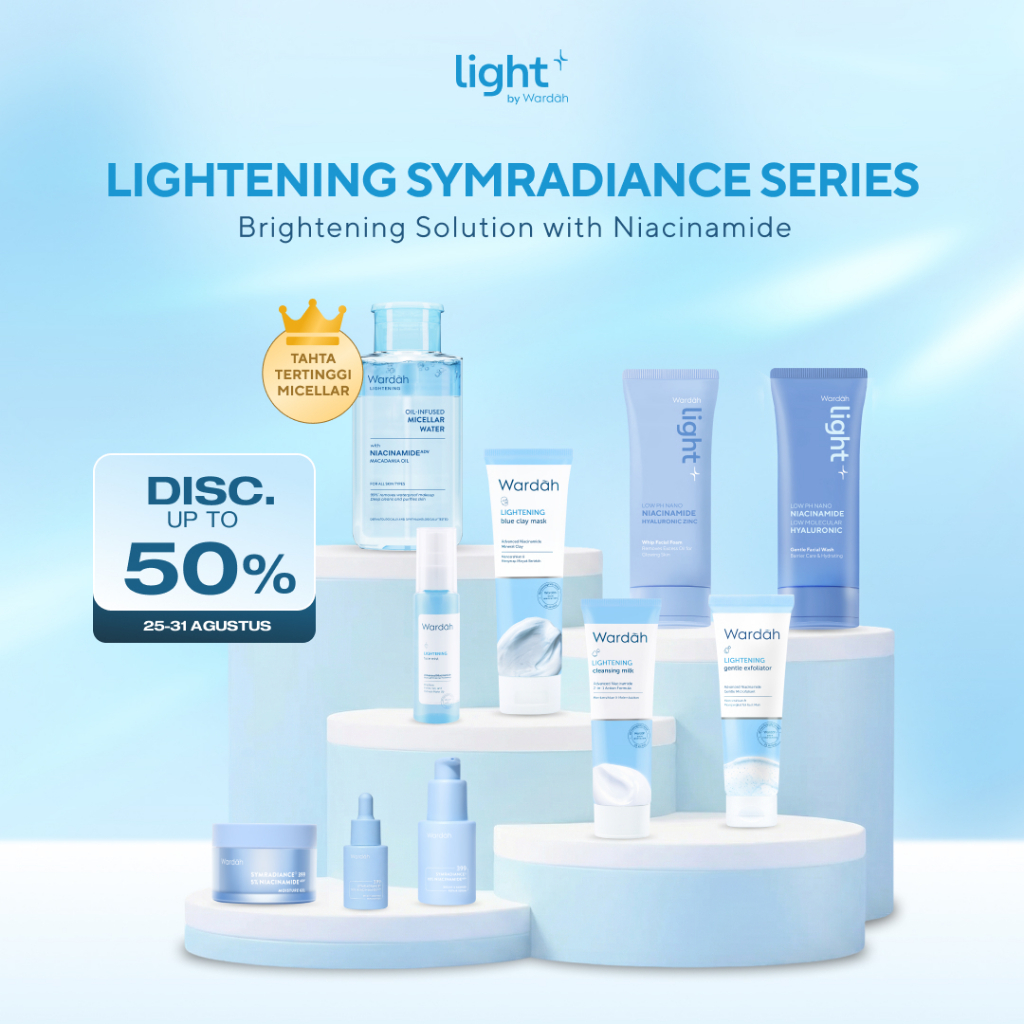 WARDAH Lightening Series Lengkap - Mencerahkan Kulit, Menyamarkan Bekas Jerawat, Advanced Niacinamide - Micellar Gentle Wash, Whip Facial Foam, Oil-Infused Micellar Water, Cleansing Milk, Blue Clay Mask, Face Mist, Toner, Gentle Exfoliator - Skincare