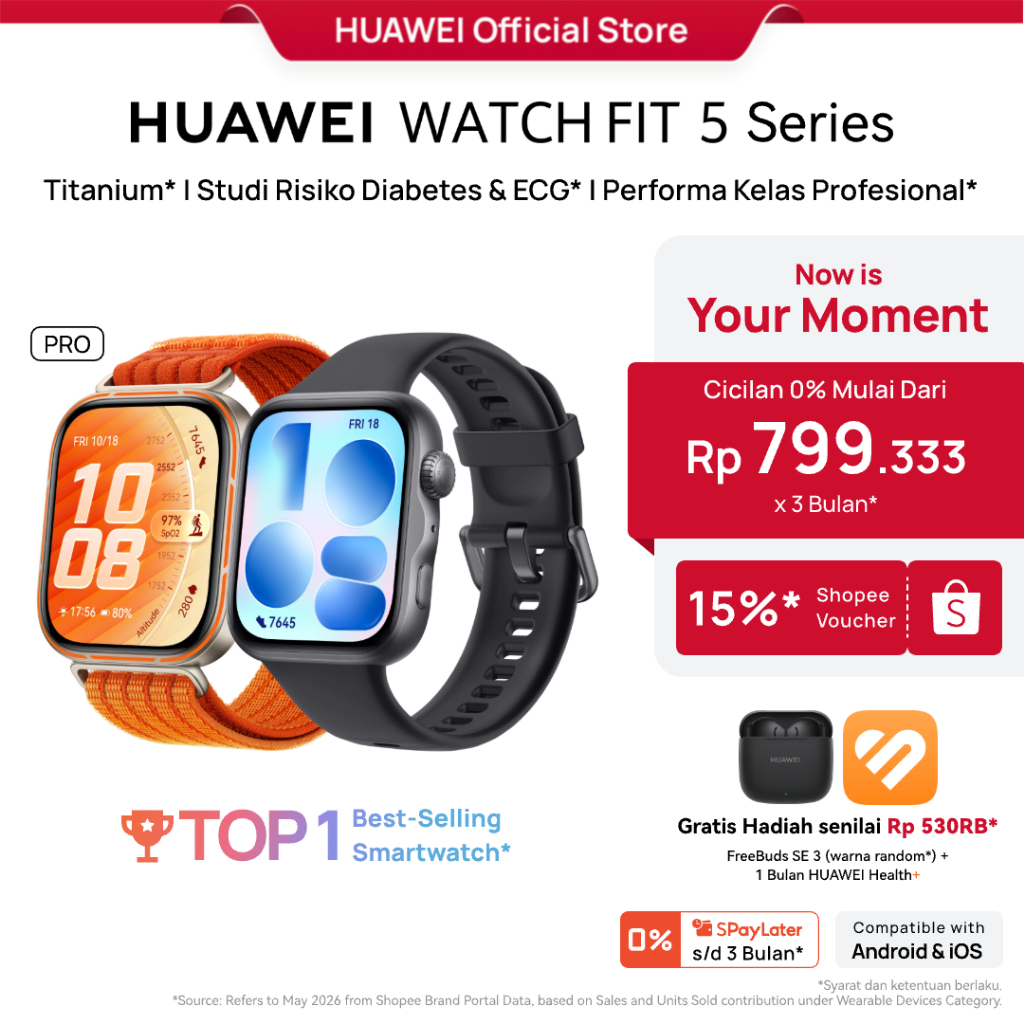 [PayDay s/d 15%] HUAWEI WATCH FIT 5 Series / Titanium* / Studi Risiko Diabetes & ECG* / Olahraga Outdoor Tingkat Lanjut*