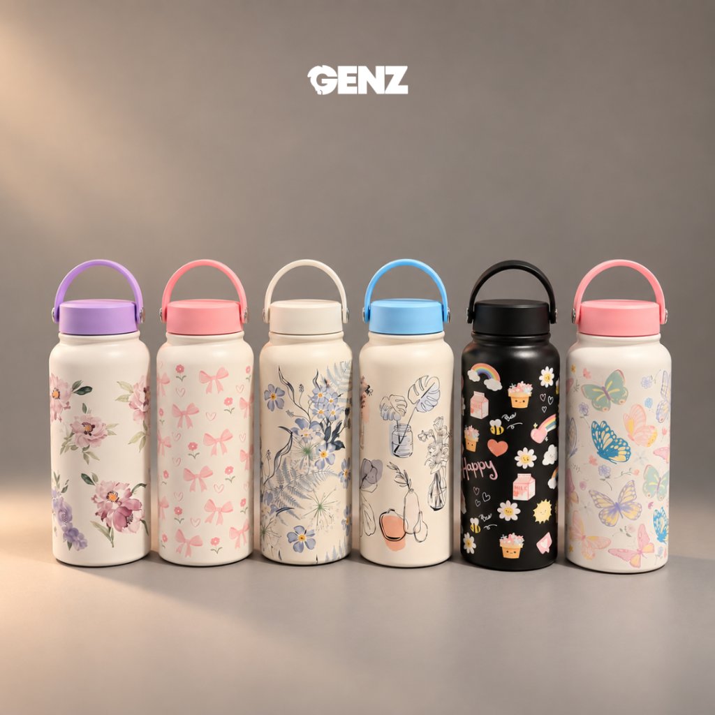 Genzaesthetic Bloomie Tumbler 1 Liter – Tumbler Aesthetic Motif Bunga & Kupu-Kupu, Stainless Steel Vacuum Insulated, Botol Minum Cantik, Tahan Panas & Dingin