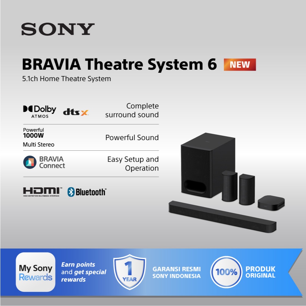 Sony BRAVIA Theatre System 6 / 5.1ch Home Theatre System / 1000 W total power output / Dolby Atmos/DTS:X HT-S60
