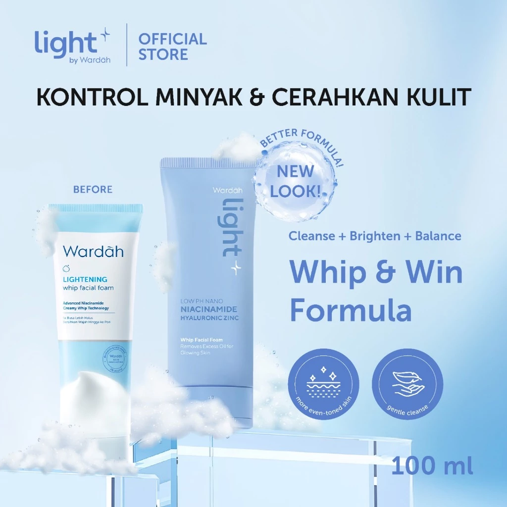 Wardah Lightplus Low pH Nano Niacinamide Hyaluronic Zinc Whip Facial Foam 100 ml - Sabun Cuci Muka, Mencerahkan Kulit, Mengurangi Kusam akibat Debu dan Polusi, Minyak Berlebih, Busa Lembut, Lightening - Skincare
