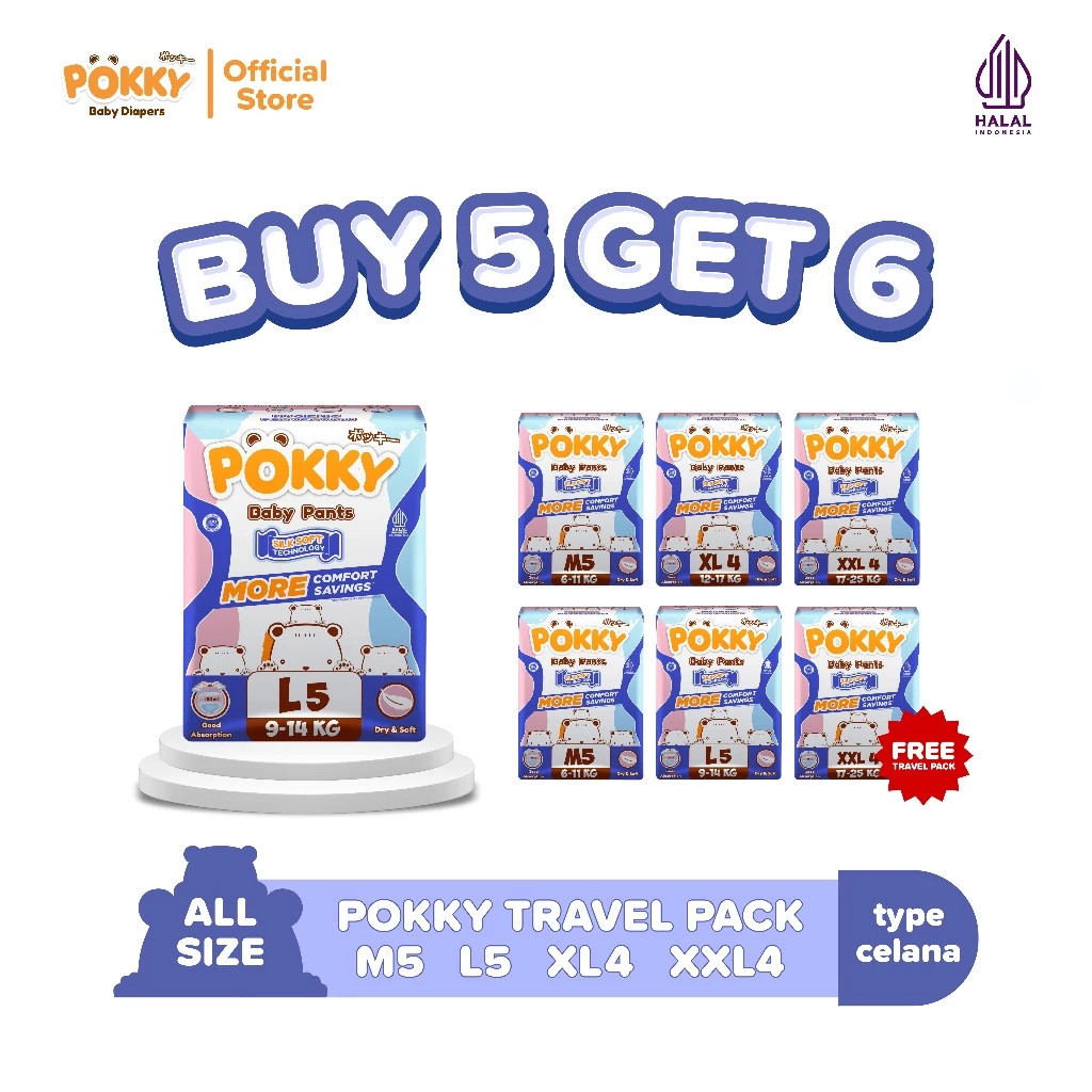 [BUY 5 GET 6] POKKY PANTS TRAVEL PACK M5/L5/XL4/XXL4 / Popok Celana Bayi