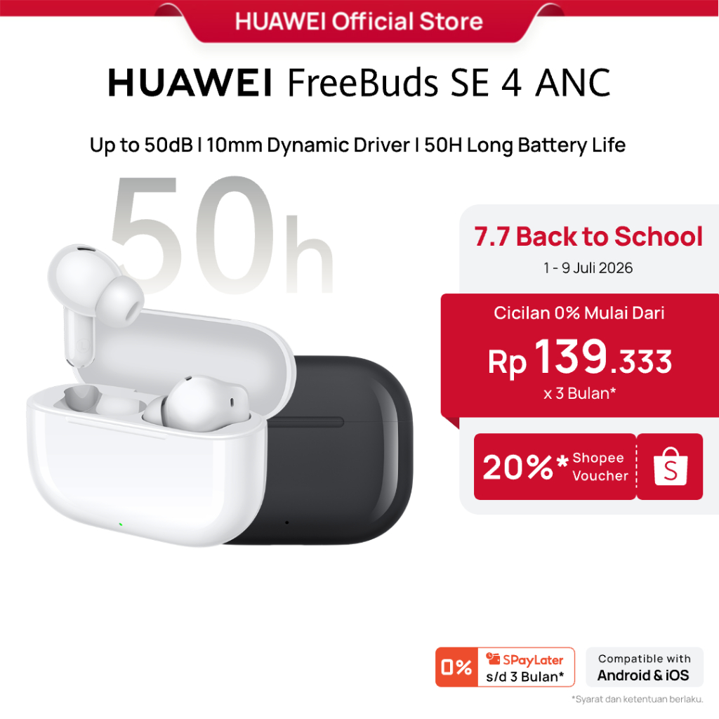 7.7 Voucher s d 20% HUAWEI FreeBuds SE 4 ANC TWS Up to 50dB 10mm Dynamic Driver 50H Long Battery Life IP54