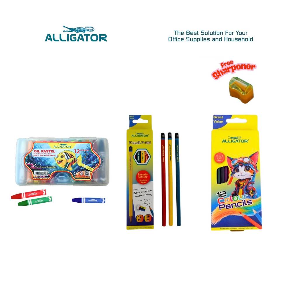 Alligator Oil Pastel 12â€™s + Pensil Colour 12â€™s + Pensil Tulis | Paket Bundling Alat Sekolah & Mewarnai