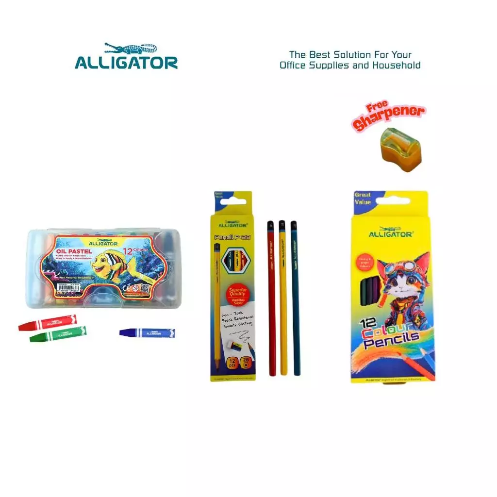 Alligator Oil Pastel 12's + Pensil Colour 12's + Pensil Tulis - Paket Bundling Alat Sekolah & Mewarnai