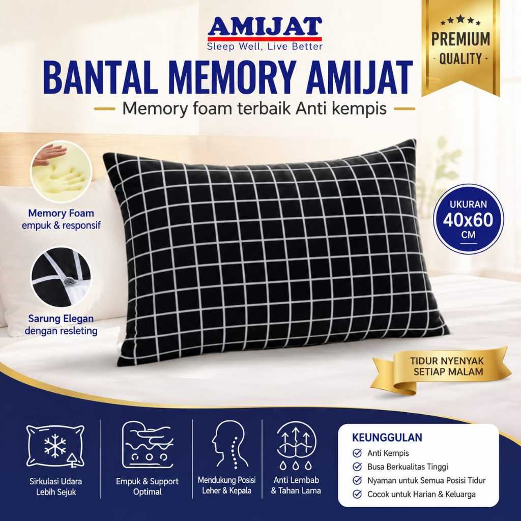 Bantal Hotel Empuk Motif Kotak Hitam Kain Micro Memory Foam Anti Kempes - Gambar 2