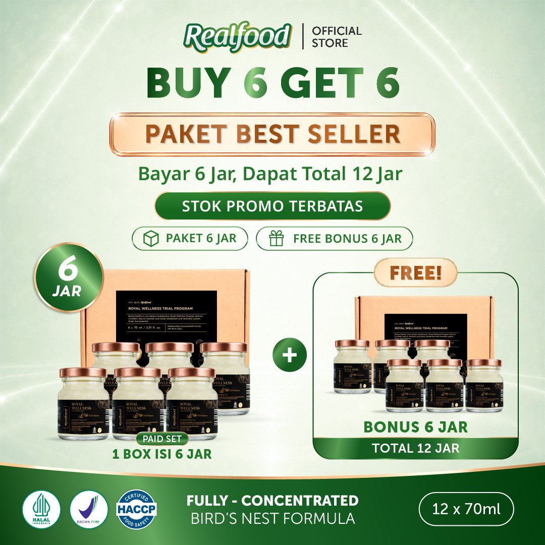 BUY 6 GET 6, Realfood Royal Wellness / Minuman Sarang Burung Walet Premium / Daily Wellness / Nutrisi Harian / Daya Tahan Tubuh / Recovery / Wellness Drink / Bird Nest Drink / Minuman Kesehatan Harian untuk Dewasa