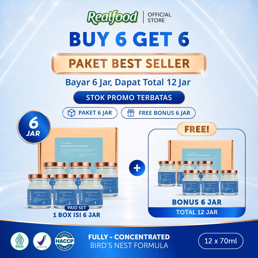 BUY 6 GET 6, Realfood Wonder Mom / Minuman Sarang Burung Walet / Ibu Hamil dan Menyusui / Nutrisi Ibu dan Janin / Daily Wellness / Daya Tahan Tubuh / Stamina Harian / Bird Nest Drink / Wellness Drink untuk Ibu