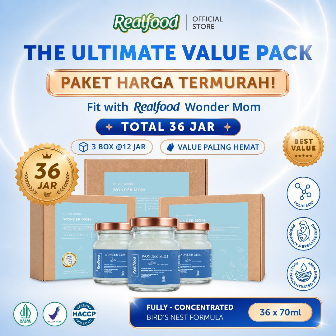 Realfood Triple Bundle Wonder Mom Minuman Sarang Burung Walet dengan Premiks Vitamin (Asam Folat), 36 Jar