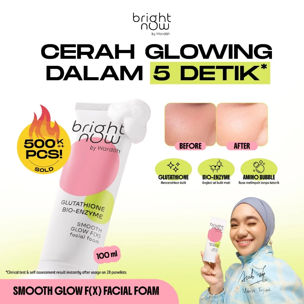 bright now by Wardah Smooth Glow F(X) Facial Foam - Sabun Cuci Muka dengan Glutathyone Kurangi Kulit Kusam, Kasar, Mencerahkan dan Menghaluskan Kulit Wajah, Mengangkat Sel Kulit Mati, Kulit Bertesktur, Kulit Kasar, Instant Fresh, All Skin Type - Skincare