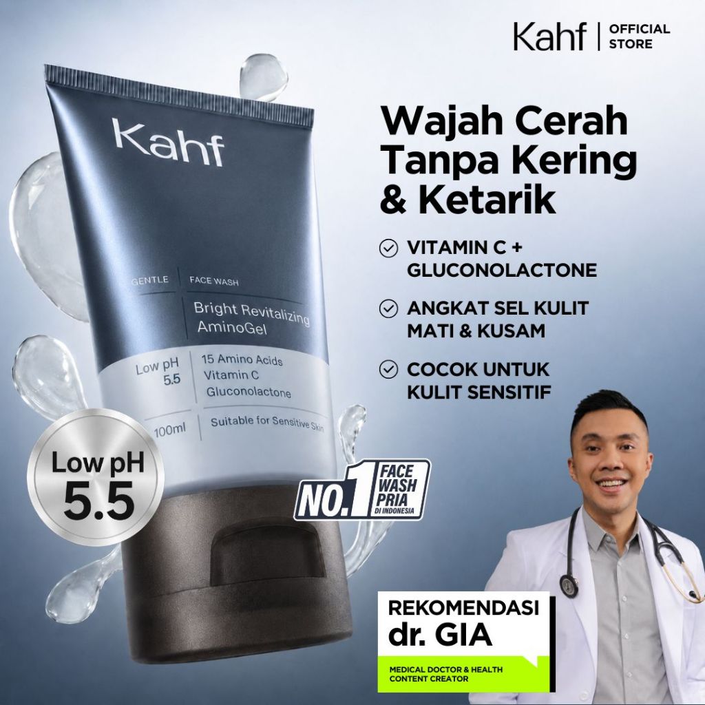 Kahf Bright Revitalizing Amino Gel Face Wash VitaminC Pentavitin Panthenol Gentle LowpH Merah Jingga - Gambar 2