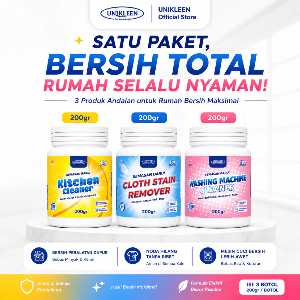 UNIKLEEN By Adreena - Bundling 3 200 gram Pembersih Mesin Cuci Penghilang Noda Pakaian & Pembersih Peralatan Dapur