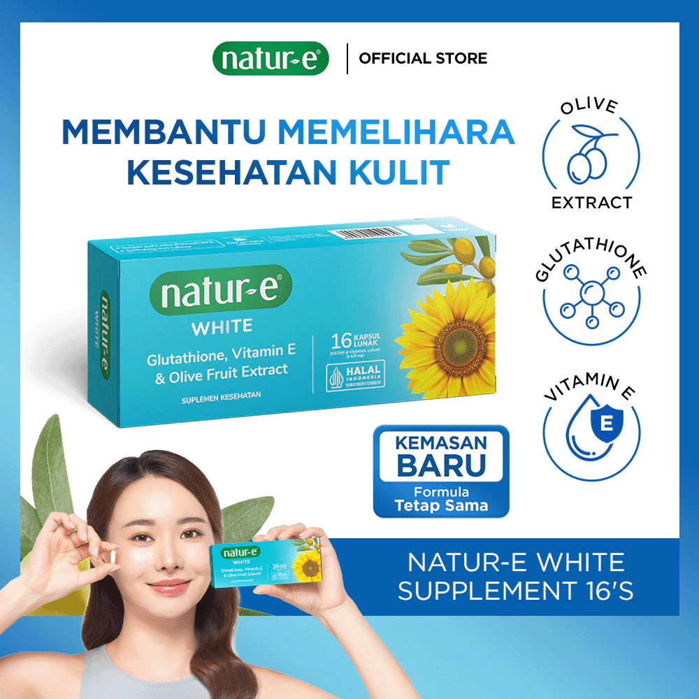 Natur-E White Soft Capsule 16s/32s - Natur E White 32 kapsul dengan Natural Vitamin E, Olive Extract & Glutathione - Membantu Memelihara Kesehatan Kulit