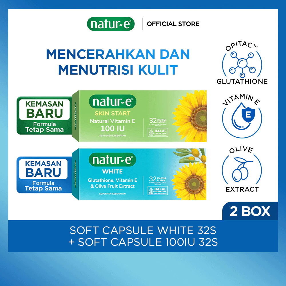 Natur-E Paket Soft Capsule - Skin Start Natural Vitamin E 100 IU 32s & White 32s - Suplemen Kecantikan Dengan Vitamin E & Glutathione - Membantu Menjaga Kesehatan Kulit dari Dalam