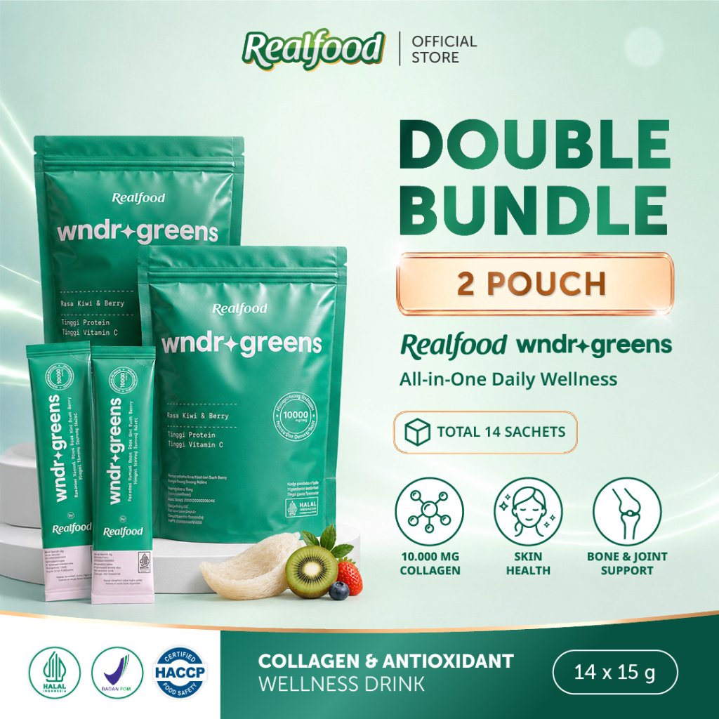 Realfood WNDRGREENS Double Pouch / Super Green Super Collagen Drink / Collagen 10000mg / Bird's Nest / Astaxanthin / Spirulina / Glutathione / Vitamin C / Chlorophyll / Green Tea EGCG / Multivitamin Greens / Skin Gut Immunity