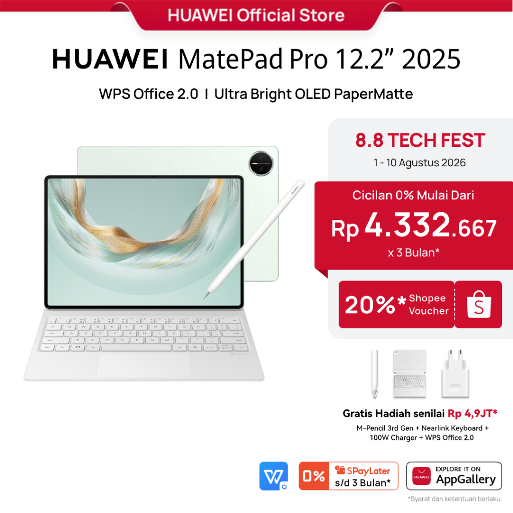 [8.8 s/d 20%*] HUAWEI MatePad Pro 12.2-inch 2025 Tablet / PC-level WPS / Ultra Bright OLED PaperMatte / 2-in-1 Keyboard & Stylus