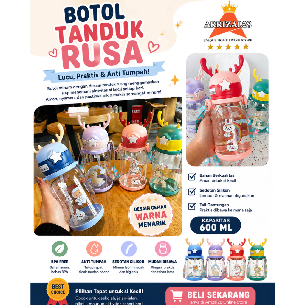 (BUBBLEWRAP) BOTOL MINUM ANAK MOTIF TANDUK RUSA KARAKTER 600 ML