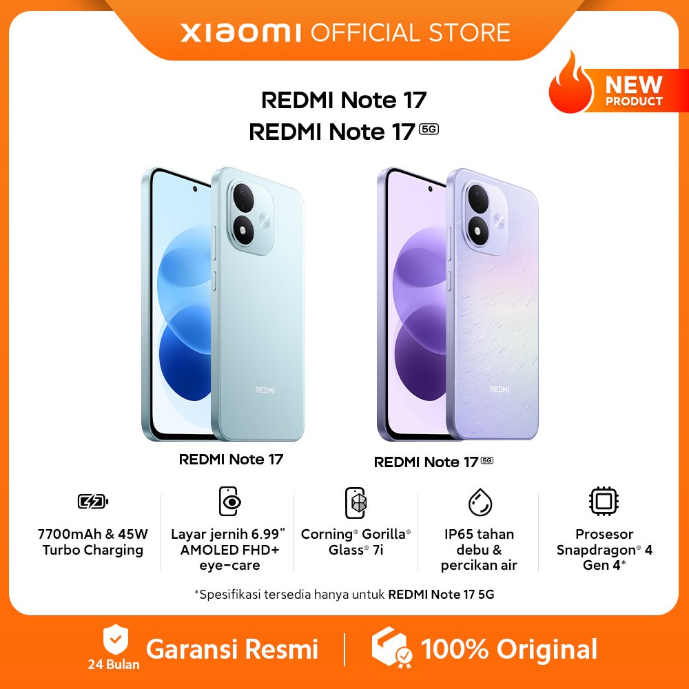 Xiaomi REDMI Note 17 (6GB+128GB) (6GB+256GB) / REDMI Note 17 5G (6GB+128GB) (8GB+256GB) / 7700mAh & 45W Turbo Charging / Layar jernih 6.99" AMOLED FHD+ eye-care / IP65 Tahan Debu & Percikan Air / Prosesor Snapdragon® 4 Gen 4* [Xiaomi Official Store] - Gambar 2