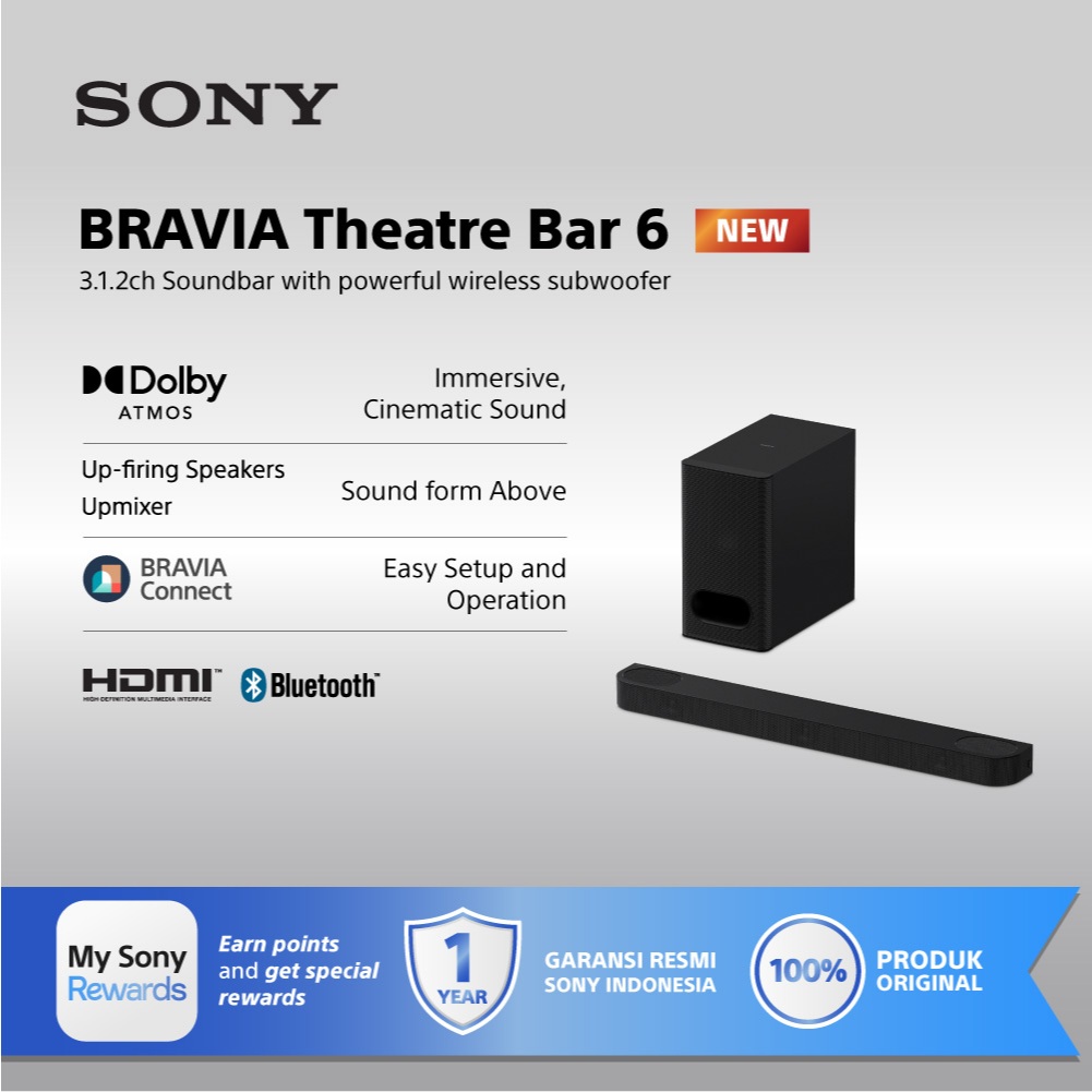 Sony BRAVIA Theatre Bar 6 / Soundbar 3.1.2ch dengan subwoofer nirkabel / Dolby Atmos/DTS:X HT-B600