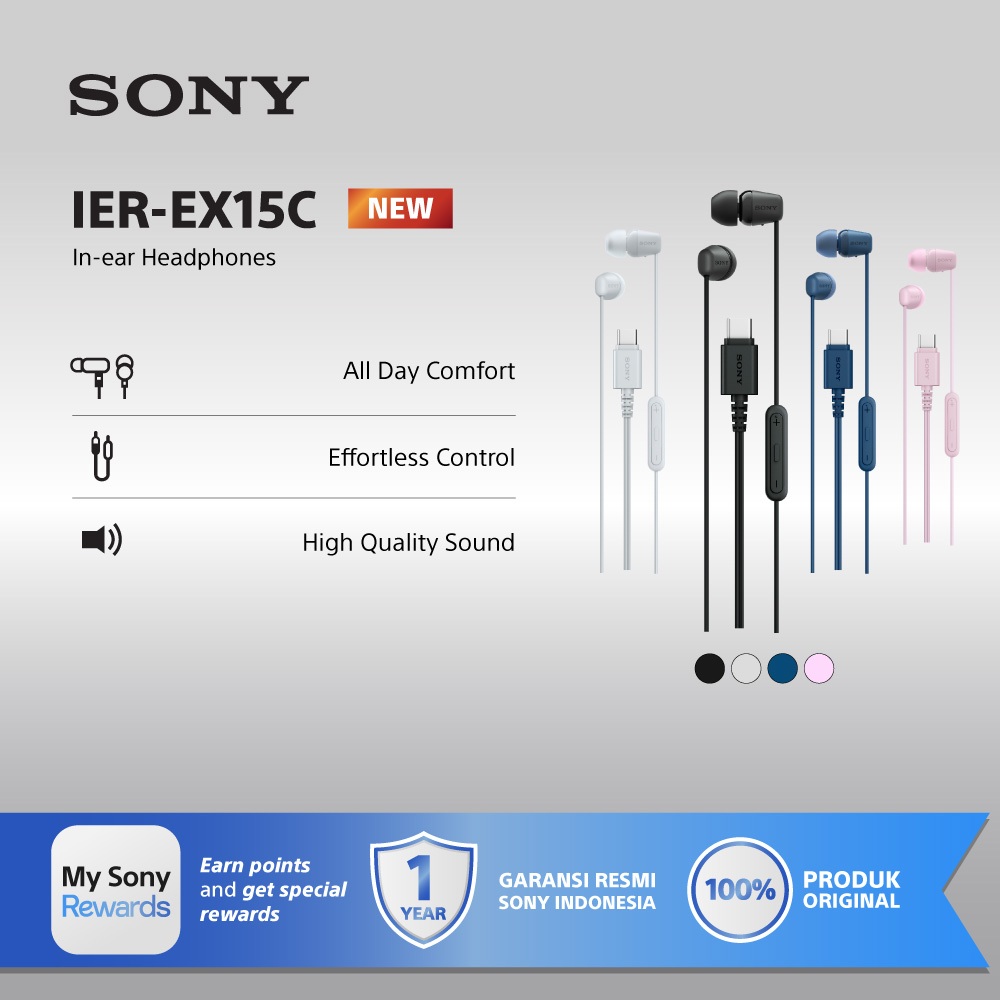 Sony IER-EX15C Earphone USB Type-C Original / In-Ear Headset Mic & Remote Volume / Suara Jernih, Ringan & Nyaman