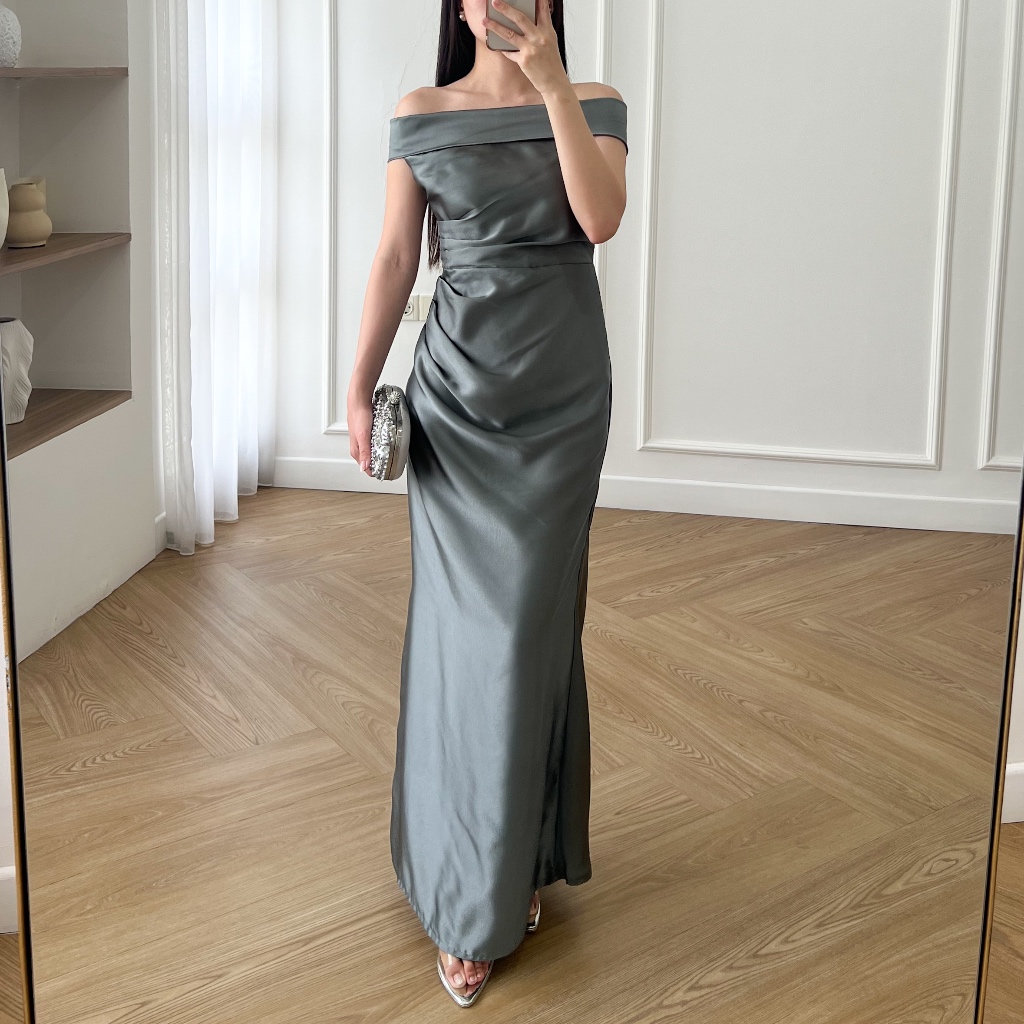 Canary ] Sabine satin Sabrina Dress / satin Wanita Party Dress/ Bridesmaid Dress