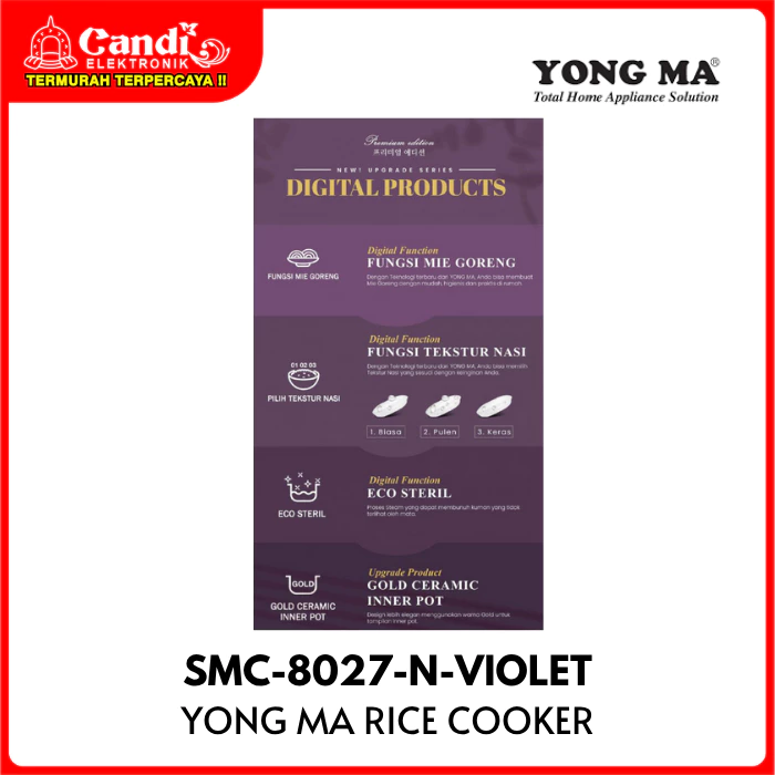YONGMA Digital Rice Cooker 2 Liter Eco Steril Gold Ceramic Inner Pot SMC-8027-N-VIOLET - Gambar 2