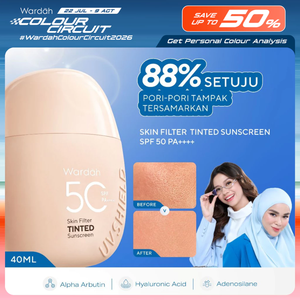 NEW! Wardah Tinted Sunscreen Skin Filter SPF 50 PA 30ml UV Shield - Strong UV Blue Light Protection Sheer Glow Finish Tidak Greasy Formula Ringan Shades 01 Light to Medium Shades 02 Medium to Dark - Skincare - Gambar 2