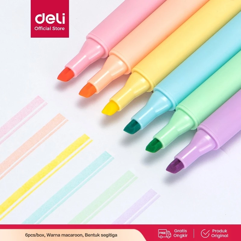 Deli x Cicimaksan Highlighter Macaroon 6 Warna Desain Segitiga Nyaman, Warna Halus, Ideal untuk Pelajar S605