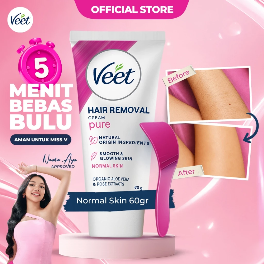 Veet Normal Hair Remover Pure Cream - 60gr (Krim Penghilang Bulu Dalam 5 Menit, Untuk Hasil Kulit Glowing Tahan Lama & Tidak Sakit)