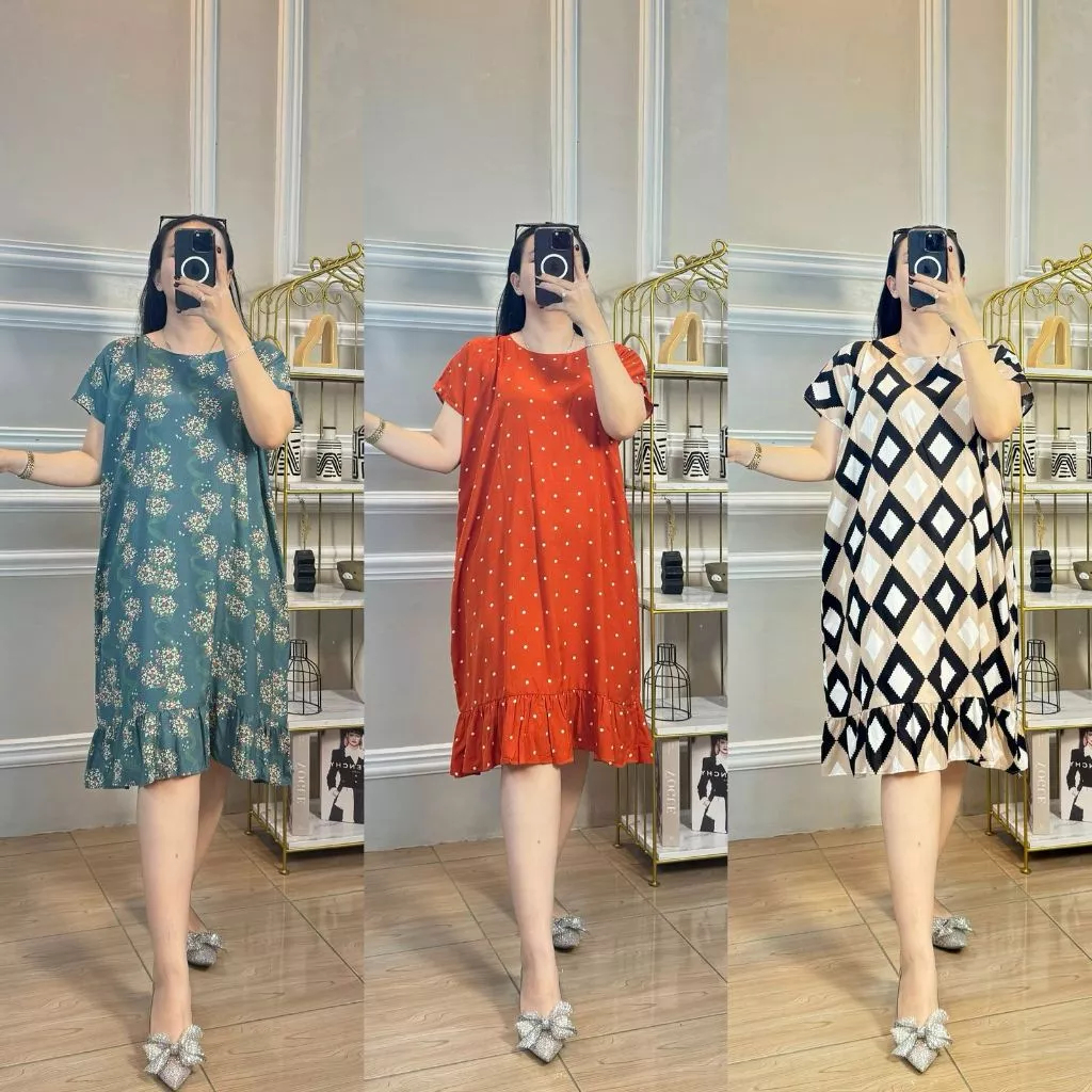 DISA HIJAB - Daster Ruffle Motif Viral Dress Midi Rayon Premium Adem Busui Resleting