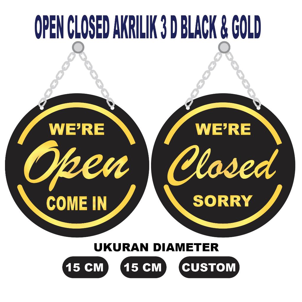 Tanda Akrilik Open Closed Bolak Balik - Hitam gold, Diameter 15 cm 25 cm custom