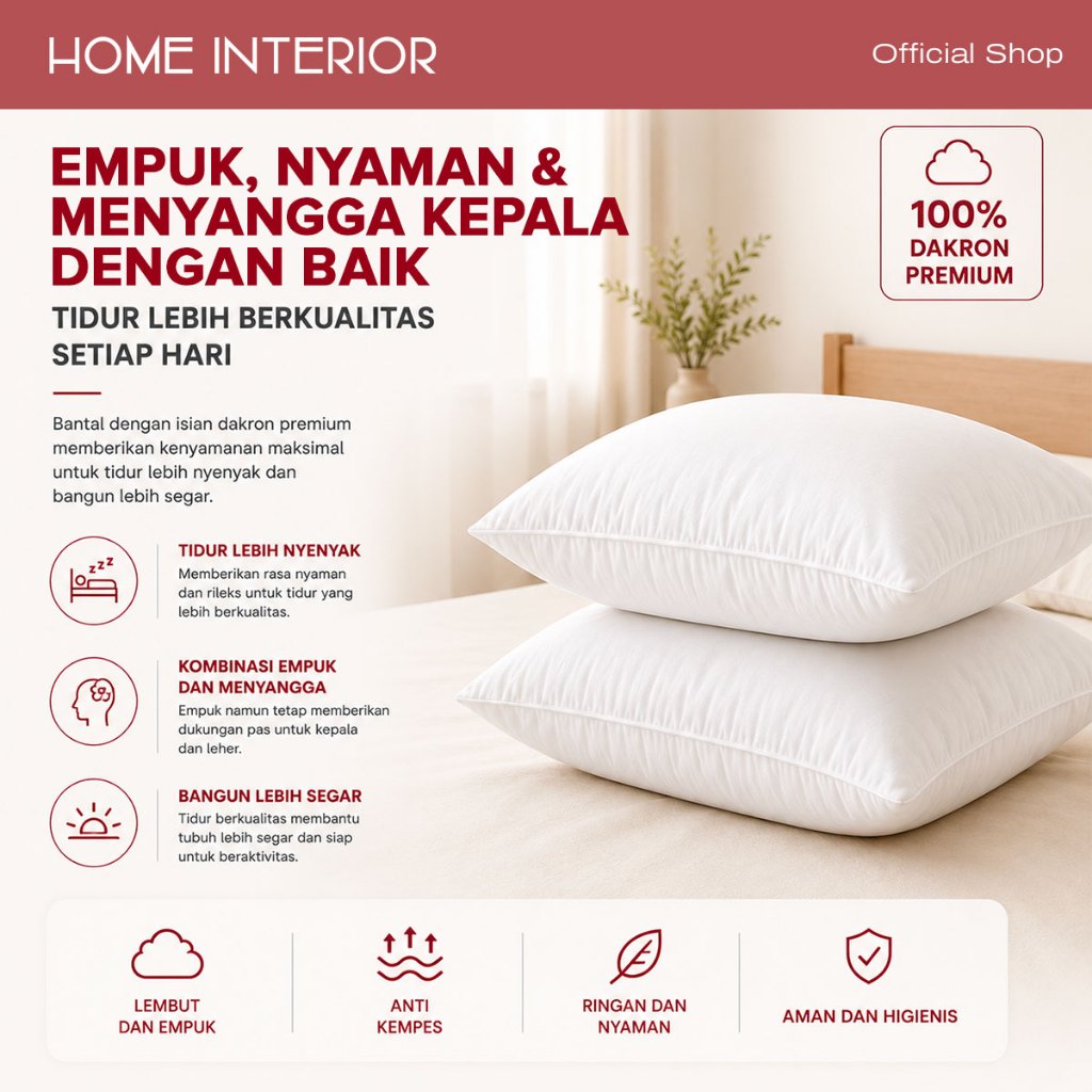 HOMEINTERIOR Bantal Guling Tidur 60 x 40CM Bantal Hotel Premium Isi Dakron Anti Kempes - Gambar 3