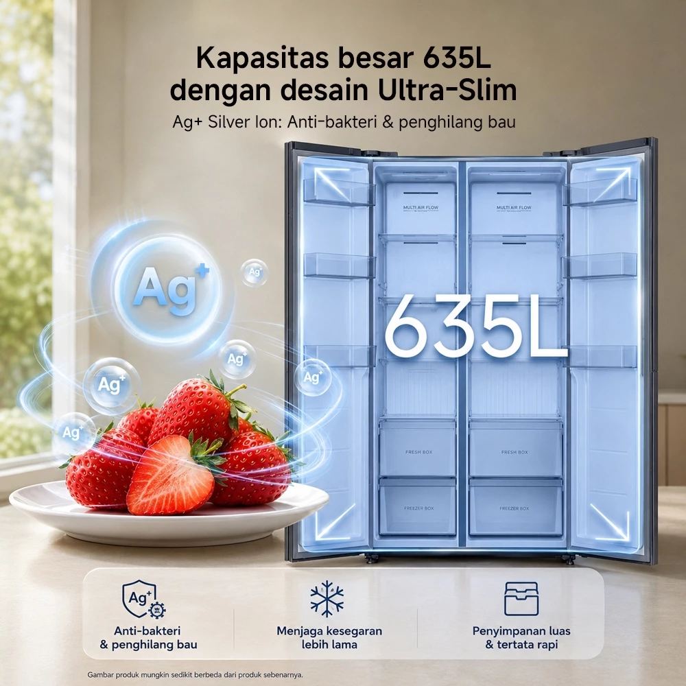 Xiaomi Mijia Side-by-Side Refrigerator 635L / Kulkas 2 Pintu / Kontrol pintar dengan Xiaomi Home App / Kapasitas Besar 635L dengan Desain Ultra-Slim / Dual Inverter / Ag+ Silver Ion: Anti-bakteri & Penghilang Bau [Xiaomi Official Store] - Gambar 2