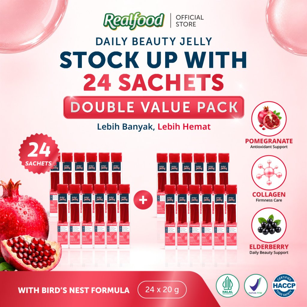 BUY 12 GET 12 Realfood Jelly Pomeglo / Jelly Glowing Skin / Beauty Jelly / Pomegranate / Collagen / Retinol / Kulit Cerah / Glowing Skin / Firming Skin / Elastisitas Kulit / Kulit Kencang / Antioksidan / UV Care / Daily Beauty Snack