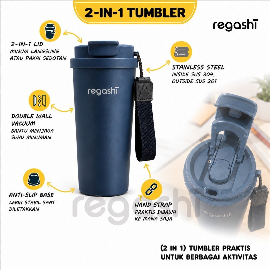 2in1 Sip Tumbler / Botol Minum Stainless Steel 304 / Vacuum Insulated 2 Cara Minum 550ML