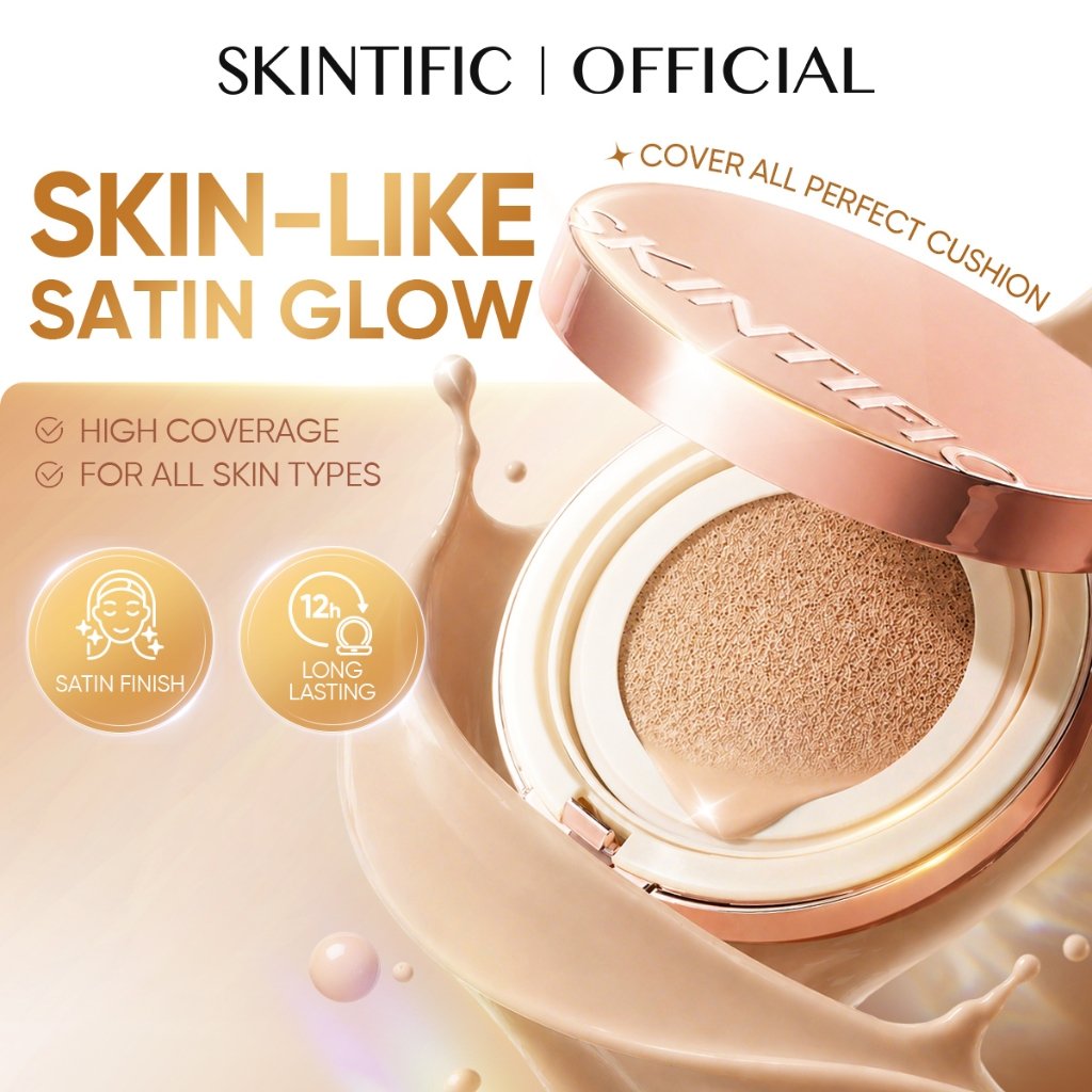 SKINTIFIC - Cover All Perfect Cushion/ Skin-like Flawless & Glow Finish Cocok untuk Kulit Berminyak Berjerawat & Semua High Coverage Concealer Non-Comedogenic Skin Tint Foundation Makeup BB Cream Kosmetik Refill Bedak Padat Kosmetik Wajah Compact Powder