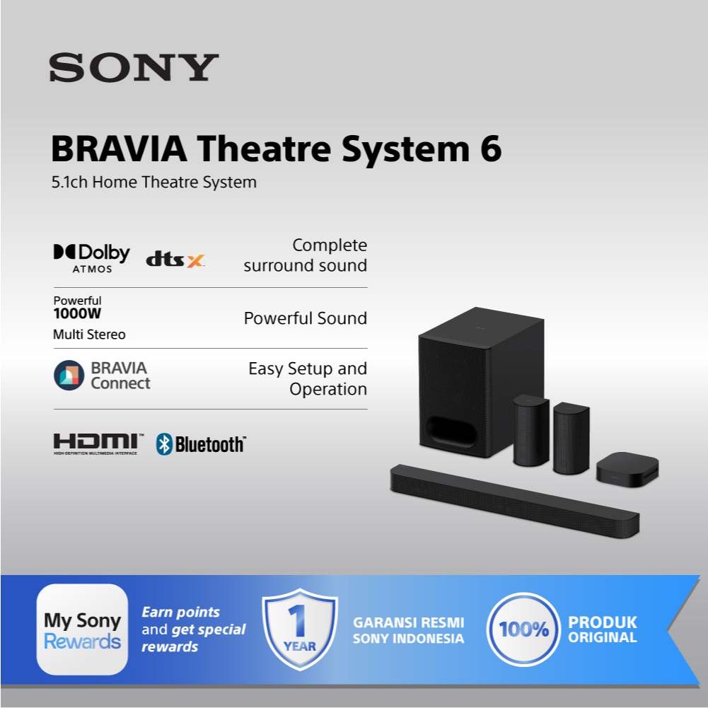 Sony BRAVIA Theatre System 6 / 5.1ch Home Theatre System / 1000 W total power output / Dolby Atmos/DTS:X HT-S60 - Gambar 2