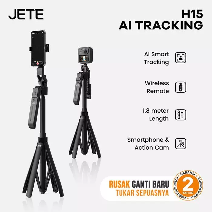 JETE Tripod Bluetooth H15 with AI Motion Sensor Portable Tongsis Selfie Stick 1.8m With Ring light Postel Wireless Remote Action Kamera HP