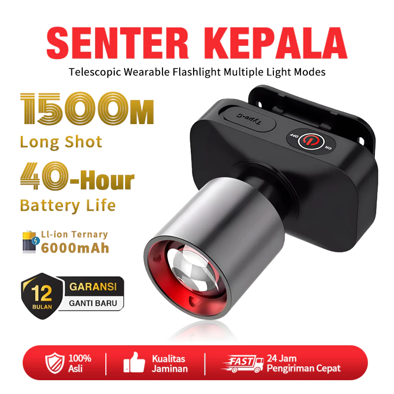 Senter Kepala 1200 Lumen Adjustable Super Terang LED 3 Mode Cahaya USB Rechargeable