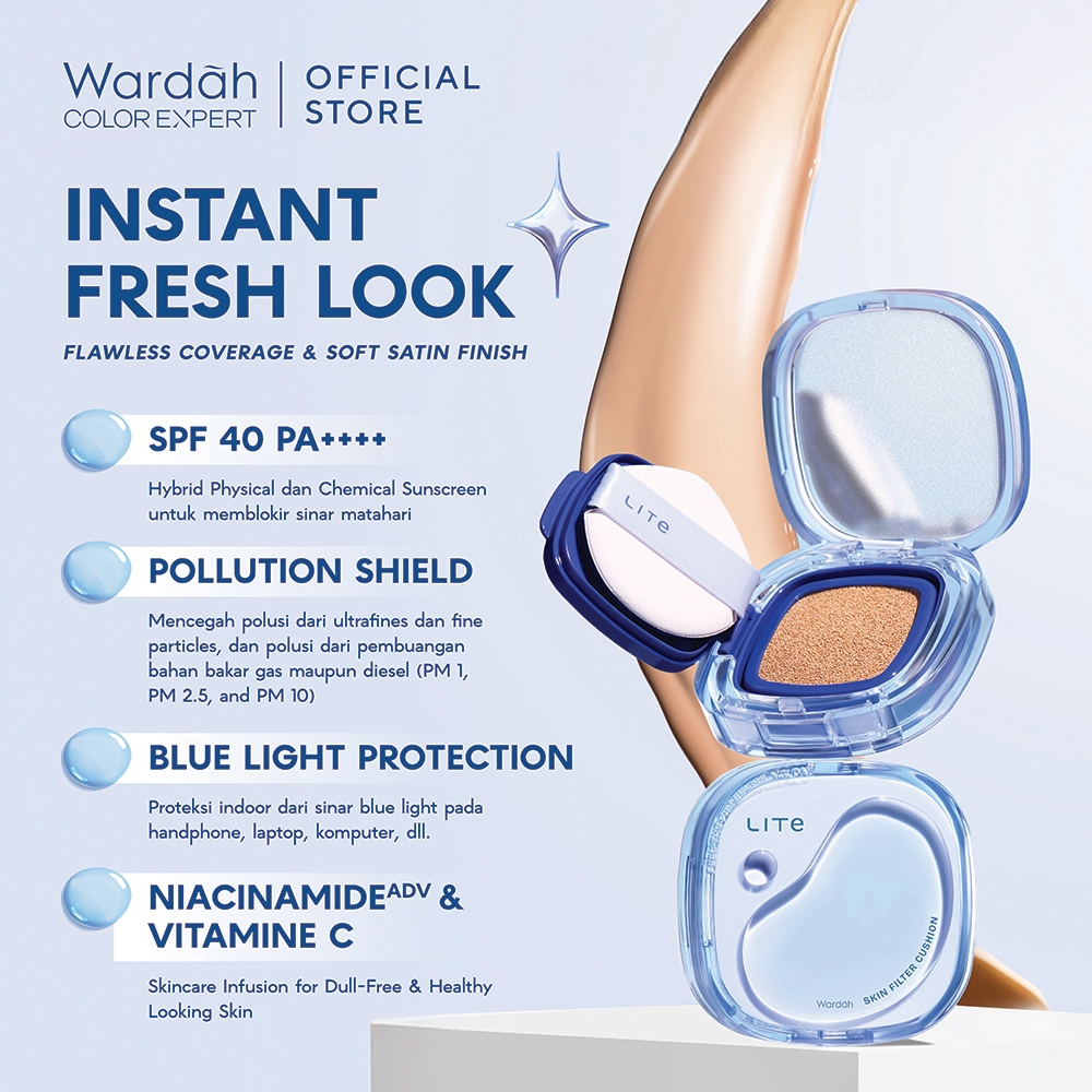 Wardah Lightplus Lite Skin Filter Cushion 11 g - Fresh Look, Tahan 8 Jam, Flawless Coverage, Bebas Kulit Kusam, Satin Finish, Tampilan Sehar dan Youtful, Lightening - Makeup - Gambar 3