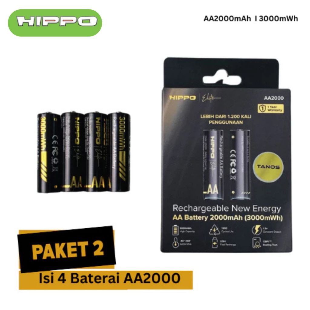 HIPPO TANOS BATERAI ISI ULANG AA 1.5V 2000 MAH LI-ION NEW ENERGY RECHARGABLE GARANSI RESMI BATERAI ONLY ( AA 4 PCS )