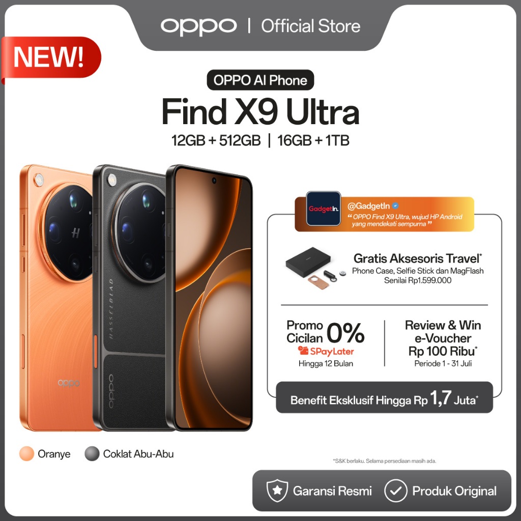 [NEW] OPPO Find X9 Ultra 12+512GB & 16GB+1TB [Hasselblad 50MP 10x Optik Telefoto, Kamera Ganda 200MP Hasselblad, Baterai Besar 7050mAh 100W SUPERVOOC, Video 8K Ultra Jernih]