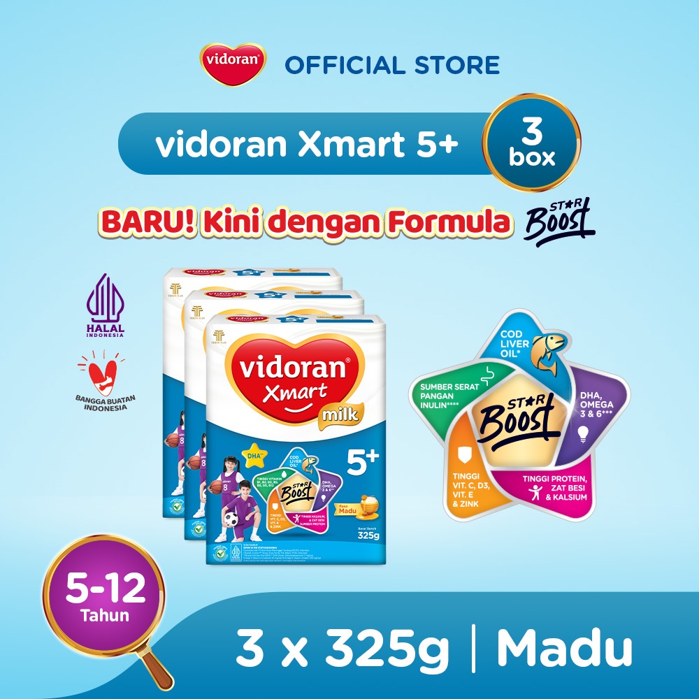 vidoran Xmart 5+ All Variant 325gr Susu Formula Anak 5-12 Tahun - 3 box (Exp : 04.2027)