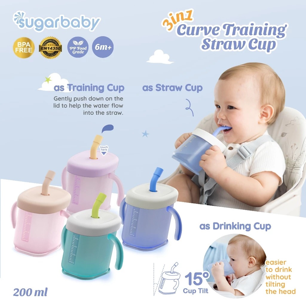 Sugarbaby Gelas MPASI Bayi 3in1 Anti Tumpah - Curve Training Straw Cup Anti Bocor BPA FREE - Gambar 3