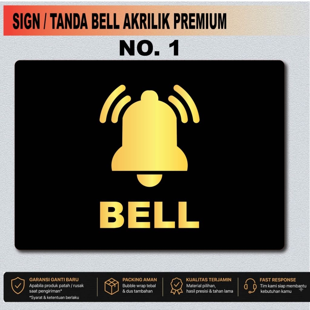 SIGN TANDA BELL AKRILIK HITAM WARNA TULISAN GOLD - Gambar 2