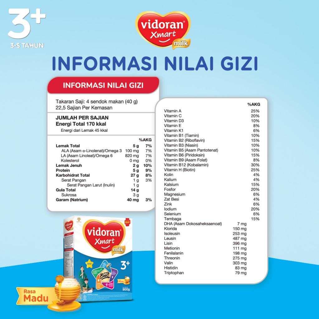 vidoran Xmart 3+ Madu 900gr Susu Formula Pertumbuhan Anak 3-5 Tahun - 3 box (Exp : 07.2027) - Gambar 3